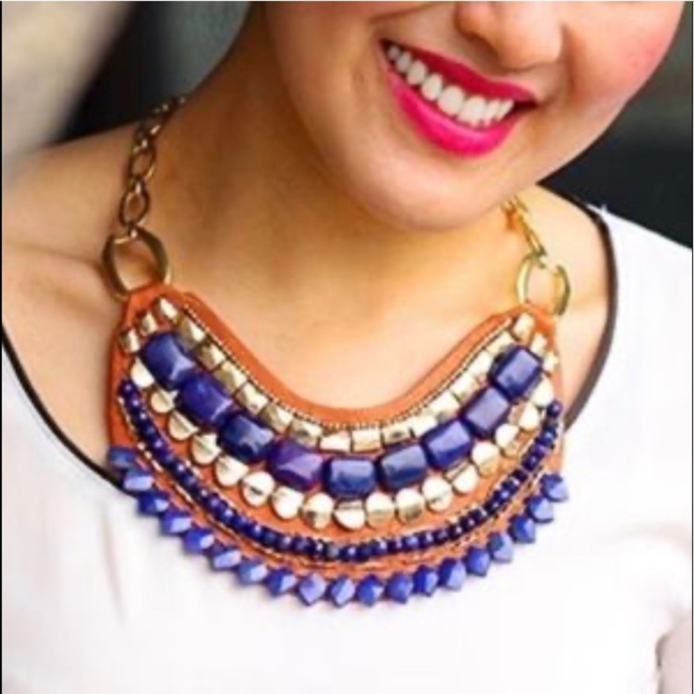 Stella & Dot | Retired Indra Colbalt Vintage Gold & Leather Statement Ne…